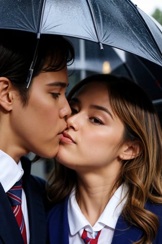 Best Quality, 32k, photorealistic, ultra-detailed, finely detailed, high resolution, perfect dynamic composition, beautiful detailed eyes, sharp-focus, a beautiful school girl, Rain, sharing umbrella, young couple, kiss