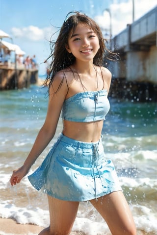 Photorealistic, full body photo, detailed facial features, subtle skin tones, HD, 8k, ultra high resolution, exquisite details, ultra realistic, full body, two beautiful young girls, photo shoot, audience, sexy pose in motion, beach, summer sunshine, tube top, mini skirt, water splashes,  smile, wet body, from below 