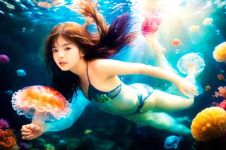 (Top Quality, 8K, High Resolution, masterpiece:1.2), ultra-detailed, realistic, physically based rendering, HDR, soft lighting, Girl swimming with jellyfish under the sea,NYFlowerGirl