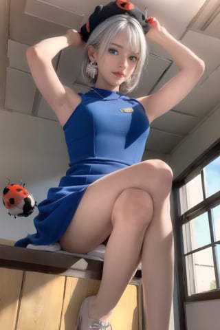 (Top Quality, 8K, High Resolution, masterpiece:1.2), ultra-detailed, realistic, physically based rendering, HDR, colorful lighting, full body, Summer sunshine, silver hair, blue eyes, from below, god ray, (((A Ladybug girl))) , classroom, cute pose, splash, fractal art, ladybug hat, ladybug earrings, ladybug brooch, ladybug dress, little_cute_girl
