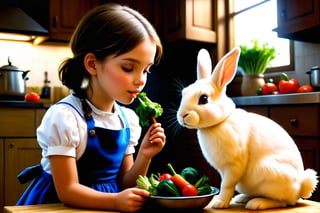 (sharp focus),  (award winning),  (extremely detailed),  (best quality, 4k, 8k, highres, masterpiece:1.2), ultra-detailed, (realistic, photorealistic, photo-realistic:1.37), A girl and a rabbit, the rabbit is eating vegetables, kitchen