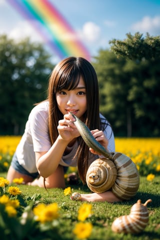 Best Quality, 32k, photorealistic, ultra-detailed, finely detailed, high resolution, perfect dynamic composition, beautiful detailed eyes, sharp, girl playing with big snail in a flower field after the rain, rainbow