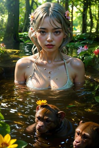 photorealistic, full body picture, detailed facial features, nuanced skin tones, HD, 8k, ultra high definition, intricate details, Ultra realistic, full body, A girl bathing in the forest, sweating, silver hair, blue eyes, summer sunshine, flower, monkey