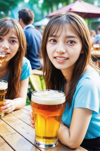 (masterpiece, best quality, dynamic angle, realistic, wide shot), drunk girls drinking beer, full body, beer garden, sharp focus ,real_booster