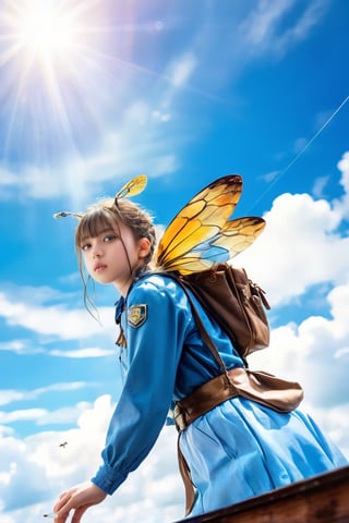 A close-up shot of a determined-looking young girl perched on the back of a massive, iridescent blue hornet as it soars through a cloudy sky. The hornet's wings beat fiercely, creating a whirlwind effect around the duo. The girl's backpack and books are securely tied to her waist with twine, and she holds onto the hornet's antennae for balance. A school building comes into view in the distance, its windows shining like tiny jewels. The sunlight catches the hornet's wings, casting a warm glow on the scene.