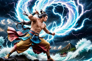  high contrast, (vibrant color:0.5), (muted colors, soothing tones:1.3), Exquisite details and textures, cinematic shot,  ultra realistic photograph , best quality, masterpiece, ancient japanese 2 gods, god of wind is fighting  against god of thunder, full body, r4w photo