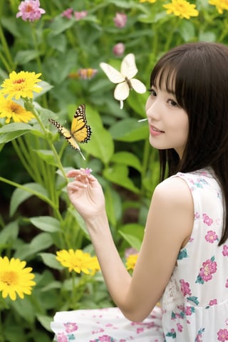 A girl playing with butterflies, a view of beautiful flowers blooming