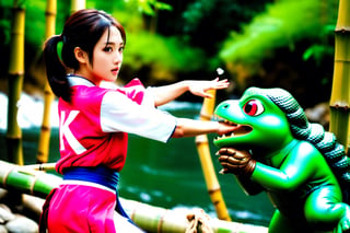 (masterpiece:1.1), (best quality:1), (ultra high res:1.2), 8k, photo real, (beautiful and clear background:1.0), (depth of field:1),Girl fighting with kappa, river side, bamboo forest
