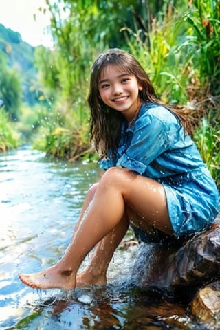 (((masterpiece, realistic, real, detailed, vivid, highly detailed, ultra high resolution, 8k))) young girl sitting on river bank and kicking water with feet, splash,, smiling shyly,