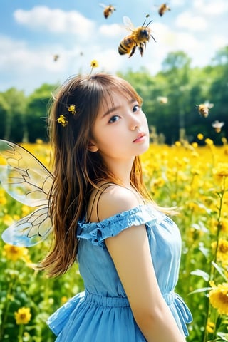 (masterpiece, 8k, photorealistic, RAW photo, best quality, sharp: 1), summer sunshine, A fresh breeze, fluttering hair, outdoor, cute pose, ((A girl cosplaying as a honey bee)), with bees flying around her