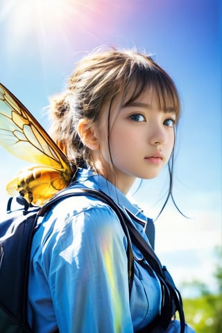 A close-up shot of a young girl perched on the back of a massive, iridescent hornet as it flies through a clear blue sky. The sun casts a warm glow, illuminating the delicate patterns on the insect's body. The girl holds onto the hornet's thorax with one hand and grips her backpack with the other. Her school uniform is slightly ruffled from the wind, and a determined look is etched on her face. The composition is centered around the girl and the hornet, with the surrounding landscape blurred to emphasize their unique relationship.