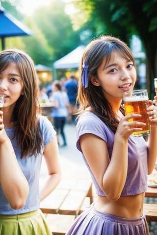 (masterpiece, best quality, dynamic angle, realistic, wide shot), drunk girls drinking beer, full body, beer garden, sharp focus ,real_booster