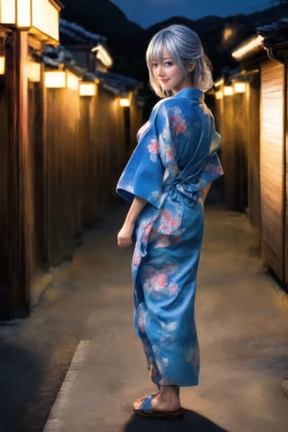 (Top Quality, 8K, High Resolution, masterpiece:1.2), ultra-detailed, realistic, physically based rendering, HDR, colorful lighting, full body, Summer sunshine, girl looking back, silver hair, blue eyes, from below, cute pose, smilling, Kyoto, print_yukata,perfect split lighting