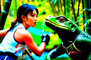 (masterpiece:1.1), (best quality:1), (ultra high res:1.2), 8k, photo real, (beautiful and clear background:1.0), (depth of field:1),Girl fighting with kappa, river side, bamboo forest