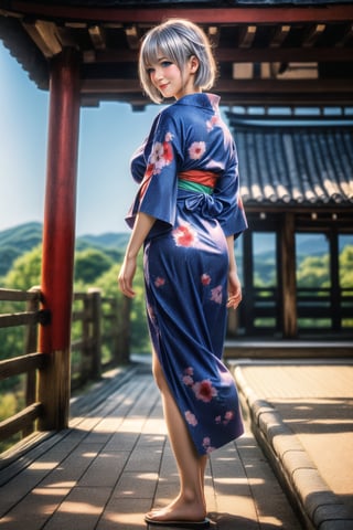 (Top Quality, 8K, High Resolution, masterpiece:1.2), ultra-detailed, realistic, physically based rendering, HDR, colorful lighting, full body, Summer sunshine, girl looking back, silver hair, blue eyes, from below, cute pose, smilling, Kyoto, print_yukata,perfect split lighting