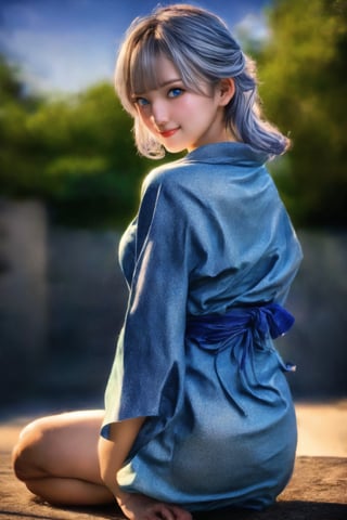 (Top Quality, 8K, High Resolution, masterpiece:1.2), ultra-detailed, realistic, physically based rendering, HDR, colorful lighting, full body, Summer sunshine, girl looking back, silver hair, blue eyes, from below, cute pose, smilling, print_yukata,perfect split lighting