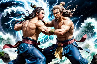  high contrast, (vibrant color:0.5), (muted colors, soothing tones:1.3), Exquisite details and textures, cinematic shot,  ultra realistic photograph , best quality, masterpiece, ancient japanese 2 gods, god of wind is fighting  against god of thunder, full body, r4w photo