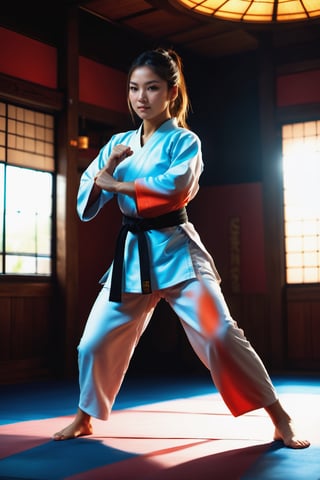 (Top Quality, 8K, High Resolution, masterpiece:1.2), ultra-detailed, realistic, physically based rendering, HDR, soft lighting,  Girl doing karate, upper roundhouse kick