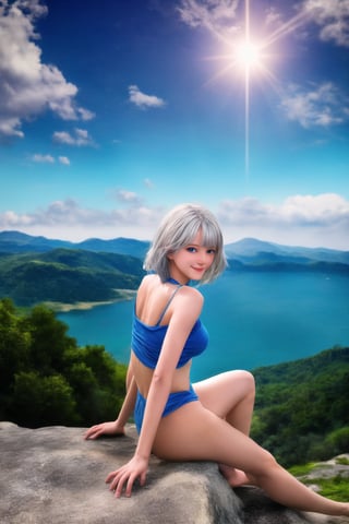 (Top Quality, 8K, High Resolution, masterpiece:1.2), ultra-detailed, realistic, physically based rendering, HDR, colorful lighting, full body, Summer sunshine, girl looking back, silver hair, blue eyes, from below,top of the mountain, sea ​​of ​​clouds, cute   
 pose, smilling
