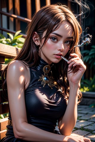 (Best Quality:1.4), (Ultra-detailed), (extremely detailed beautiful face), (extremely detailed CG unified 8k wallpaper), High-definition raw color photos, Professional Photography, A smoking girl, elegantly, full body, Smoking area,AIDA_LoRA_MeW2016