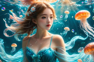 (Top Quality, 8K, High Resolution, masterpiece:1.2), ultra-detailed, realistic, physically based rendering, HDR, soft lighting, Girl swimming with jellyfish under the sea,NYFlowerGirl