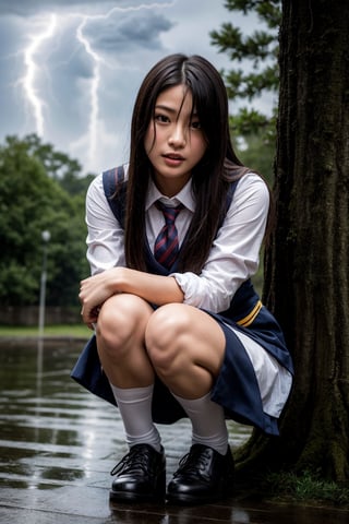 Best Quality, 32k, photorealistic, ultra-detailed, finely detailed, high resolution, perfect dynamic composition, beautiful detailed eyes, sharp, school_uniform, schoolgirl, Soaking wet in the rain, covering one's head with a handkerchief to avoid the rain, crouching down and holding one's head with both hands in fear of thunder, (((lightning strikes a nearby tree))), scary