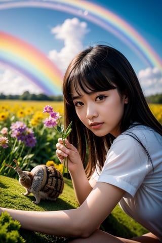 Best Quality, 32k, photorealistic, ultra-detailed, finely detailed, high resolution, perfect dynamic composition, beautiful detailed eyes, sharp, girl playing with big snail in a flower field after the rain, rainbow