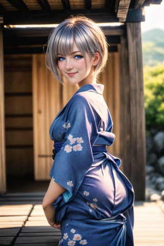 (Top Quality, 8K, High Resolution, masterpiece:1.2), ultra-detailed, realistic, physically based rendering, HDR, colorful lighting, full body, Summer sunshine, girl looking back, silver hair, blue eyes, from below, cute pose, smilling, Kyoto, print_yukata,perfect split lighting