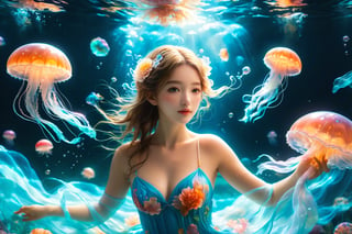 (Top Quality, 8K, High Resolution, masterpiece:1.2), ultra-detailed, realistic, physically based rendering, HDR, soft lighting, Girl swimming with jellyfish under the sea,NYFlowerGirl