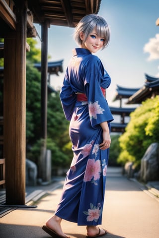 (Top Quality, 8K, High Resolution, masterpiece:1.2), ultra-detailed, realistic, physically based rendering, HDR, colorful lighting, full body, Summer sunshine, girl looking back, silver hair, blue eyes, from below, cute pose, smilling, Kyoto, print_yukata,perfect split lighting