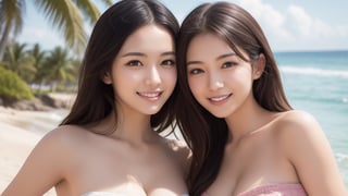 (2girl), (refreshing smile), (Tube top:1.2), ribbon, sexy look, (Best Quality:1.4), (Ultra-detailed), (extremely detailed beautiful face), brown eyes, (highly detailed Beautiful face), (extremely detailed CG unified 8k wallpaper), Highly detailed, High-definition raw color photos, Professional Photography, Realistic portrait, Extremely high resolution, beach, Palm tree, (Fine face:1.2), sunny day, refreshing, wave spray
