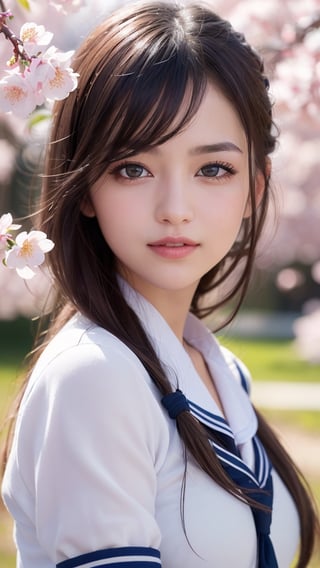 1girl, (Ultra realistic), (highly detailed eyes, highly detailed hair, highly detailed face, highly detailed plump lips), (sailor uniform, school uniform), breasts, caute smile, (best quality:1.4), Raw photo, (Ultra realistic), (photo-realistic:1.4), professional photography, cinematic light, depth of fields, cherry blossom trees, Spring, sunny skies,