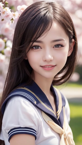 1girl, (highly detailed eyes, highly detailed face), caute smile, (sailor uniform:1.2), breasts, (best quality:1.4), Raw photo, (Ultra realistic), (photo-realistic:1.4), professional photography, cinematic light, cherry blossom trees, Spring, sunny skies, depth of fields,