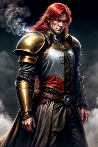 solo, long hair, blue eyes, simple background, 1oldman, wrinkles, jewelry, closed mouth, upper body, male focus, fantasy red hair, realistic, royalty, long hair, white eyebrows, medieval,fantasy art,STEAM PUNK, golden armor, white coat, white skin