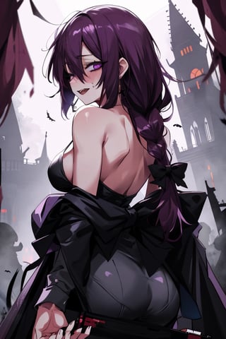 hiroikikuri, , kikuri hiroi, black bow, blunt bangs, braid, closed eyes, fang, hair bow, hair over shoulder, long hair, purple hair, sidelocks, single braid
(masterpiece, best quality, highres:1.3), ultra resolution image, (1girl), (solo), (mascara, eyelashes), large breast, mature body, niji, Halloween girl, Halloween cosplay, blood, terror, embarassed, bloodborne, viewed_from_behind, from_behind, seen from below,Hair over eyes