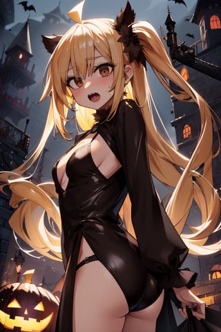 nijikaijichi, , nijika ijichi, ahoge, blonde hair, (brown eyes:1.5), long hair, one side up, (flat chest:1.2)
(masterpiece, best quality, highres:1.3), ultra resolution image, (1girl), (solo), (mascara, eyelashes), large breast, petite body, niji, Halloween girl, Halloween cosplay, blood on mouth, open mouth,terror, embarassed, bloodborne, viewed_from_behind, from_behind, seen from below,Hair over eyes, castle