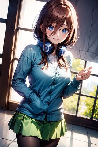 ((masterpiece, 8k, RAW, ultra realistic)), dynamic view, dutch angle, miku nakano, nakano_miku_ecsta, having breakfast before school, long hair, bangs, blue eyes, brown hair, shirt, hair between eyes, big smile, headphones,  (BLUE CARDIGAN), white shirt, GREEN SKIRT, black pantyhose, headphones around neck,
,MIKU NAKANO,nakano_miku_ecsta,masterpiece