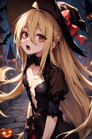 nijikaijichi, , nijika ijichi, ahoge, blonde hair, (brown eyes:1.5), long hair, one side up, (flat chest:1.2)
(masterpiece, best quality, highres:1.3), ultra resolution image, (1girl), (solo), (mascara, eyelashes), large breast, petite body, niji, Halloween girl, Halloween cosplay, blood on mouth, open mouth,terror, embarassed, bloodborne, viewed_from_behind, from_behind, seen from below,Hair over eyes, castle