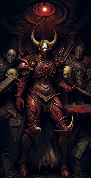 chaos warrior, (masterpiece), absurdres, (absurdly detailed:1.2), undivided, 2D, solo, best quality, dirty, bloodstained, , dirty armor, satanic,chaosmix