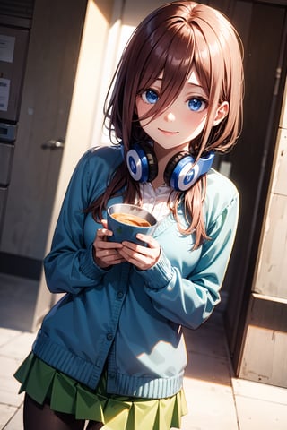 ((masterpiece, 8k, RAW, ultra realistic)), dynamic view, dutch angle, miku nakano, nakano_miku_ecsta, having breakfast before school, long hair, bangs, blue eyes, brown hair, shirt, hair between eyes, big smile, headphones,  (BLUE CARDIGAN), white shirt, GREEN SKIRT, black pantyhose, headphones around neck,
,MIKU NAKANO,nakano_miku_ecsta,masterpiece