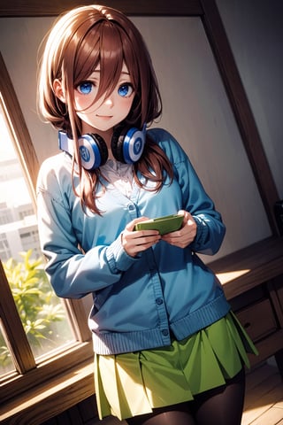 ((masterpiece, 8k, RAW, ultra realistic)), dynamic view, dutch angle, miku nakano, nakano_miku_ecsta, having breakfast before school, long hair, bangs, blue eyes, brown hair, shirt, hair between eyes, big smile, headphones,  (BLUE CARDIGAN), white shirt, GREEN SKIRT, black pantyhose, headphones around neck,
,MIKU NAKANO,nakano_miku_ecsta,masterpiece