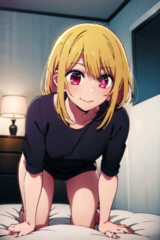 ruby,(flushed), (unclothed), smiling,  fringes, female room background, pink room decoration, lying on her bed, red cheeks, blonde hair, bright eyes, strong colours, vivid colours, ((full body)), (masterpiece), 1080P, (best quality),
