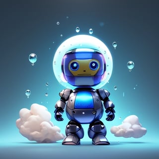 cute robot, blue and white, plump, cloud shape body, raindrop head, curly head, hologram, TA written on it, robot, kappa based, glass dome on head filled with blue light