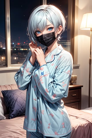 1girl, ((blue short hair)), ((blue eyes)), smiling, night, sleepover, pyjamas,  black fabric mask covering mouth, blue short hair