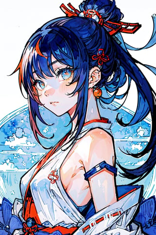 (watercolor_medium), ((ukiyoe style)), ((((masterpiece)))), (((best quality))), (illustration),(1girl:1.5),(solo:1.5), ((an extremely delicate and beautiful)), ((little girl)) , cute, ((hime_cut)), side blunt bangs,(ultramarine hair:1.2), hairs between eyes, ribbons, Bracelet , bare shoulders,((japanese_clothes)), sakura, ((slit pupils)), ((miko)), (off_shoulder), ace,watercolor