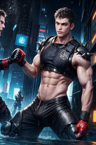 2boy battling, cyberpunk clothes and armour, 4K, large_muscles, hot, sweating, battleships, cyberpunk, black spiky short hair, grey eyes, punching, bloody stream, abs showing