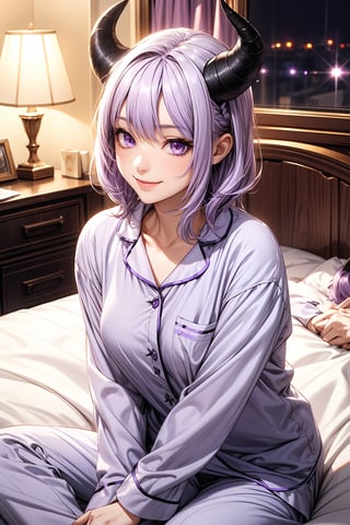 1girl, (( light purple hair)), ((purple eyes)), ((black horns)), sleepover, pyjamas, night, smiling