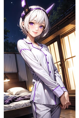1girl, ((white purple short hair)), ((purple eyes)), ((headgear)), sleepover, pyjamas, night, smiling