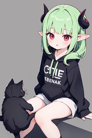 1girl(best quality:) green hair, red eyes, 2tiny horns, white horn, pale skin, cute, devil look, black cat hoodie, cute, thighs, sitting_down, background of city, anime, embarassed, elf ears, short  pointy ears, red horns, green curly hair