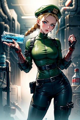 ((Masterpiece, best quality, highres)), Animescreencap, close up, 1girl ,a (((fully clothed))) biomechanical __cowgirl, mechanic cowgirl boots,  (((Biopunk outfit with fluids running through tubes))), feminine, (((((holding a mechanic Colt))))), ((gunbelt)), colt peacemaker pistol in right hand, clean shaven, slander, confident, sole focus, square chin, cowboy shot, contrapposto, masterpiece, award-winning photography, macro photography vivid colors, photorealistic, atmospheric, cinematic, moody, rule of thirds, majestic, detailed, sharp details,sharp focus, perfect anatomy, aesthetic, cyberpunk,cammy sf6,  makeup